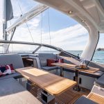 Through view of the comfortable cockpit of the Jeanneau Yacht 65 sailing monohull