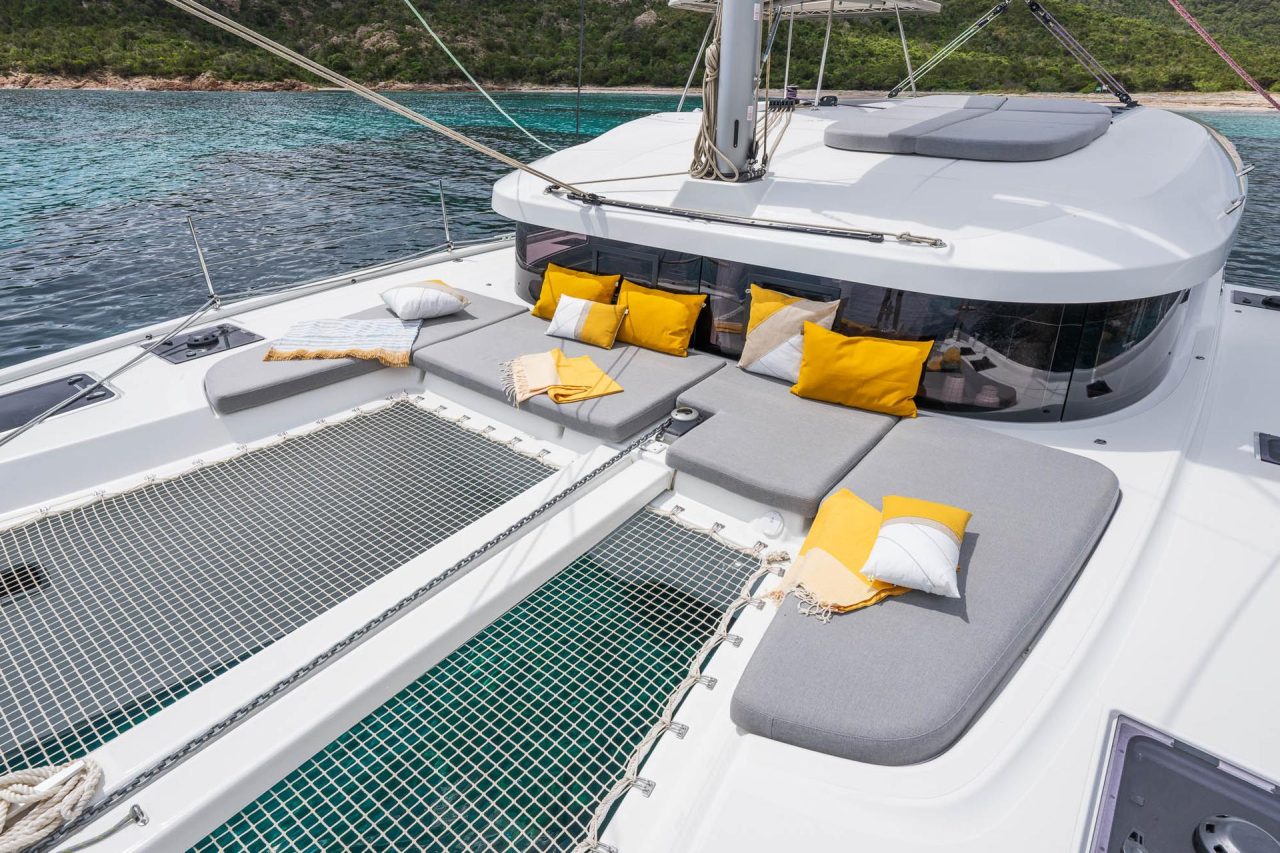 Comfortable foredeck of the Lagoon 38 sailing catamaran