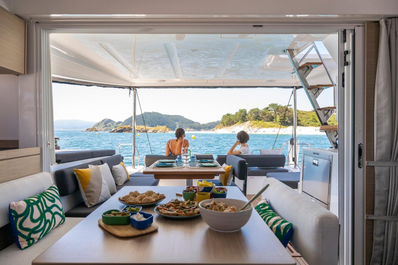 Warm and spacious salon of the Lagoon 43 sailing catamaran