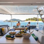 Warm and spacious salon of the Lagoon 43 sailing catamaran
