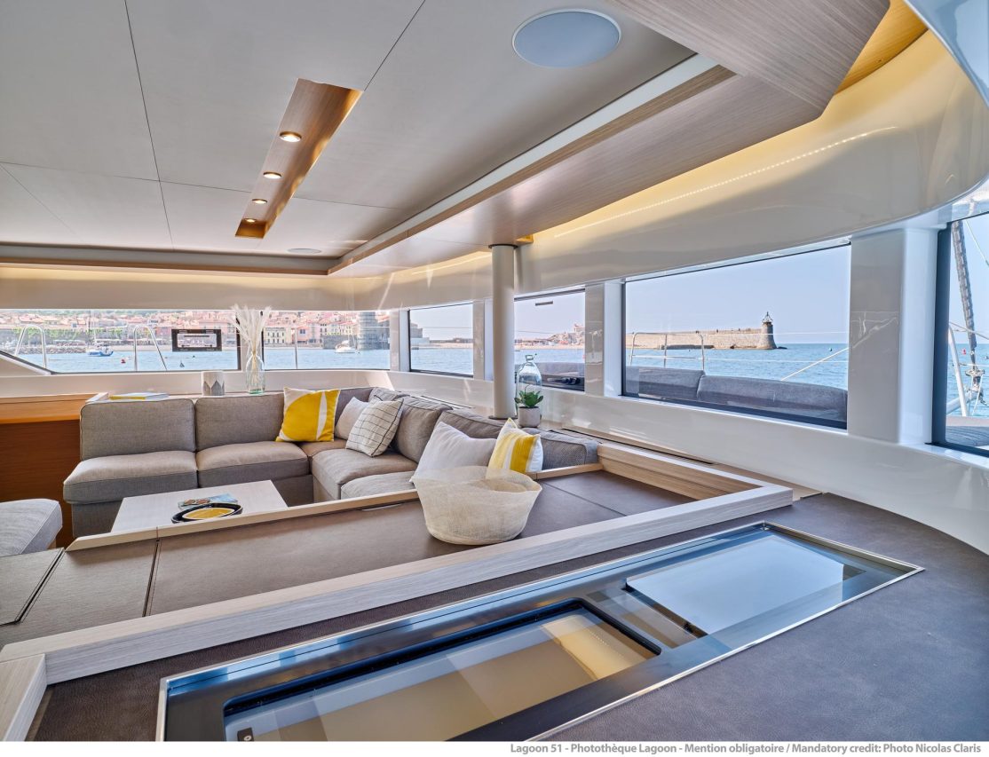 Spacious and luminous salon of the Lagoon 51 sailing catamaran