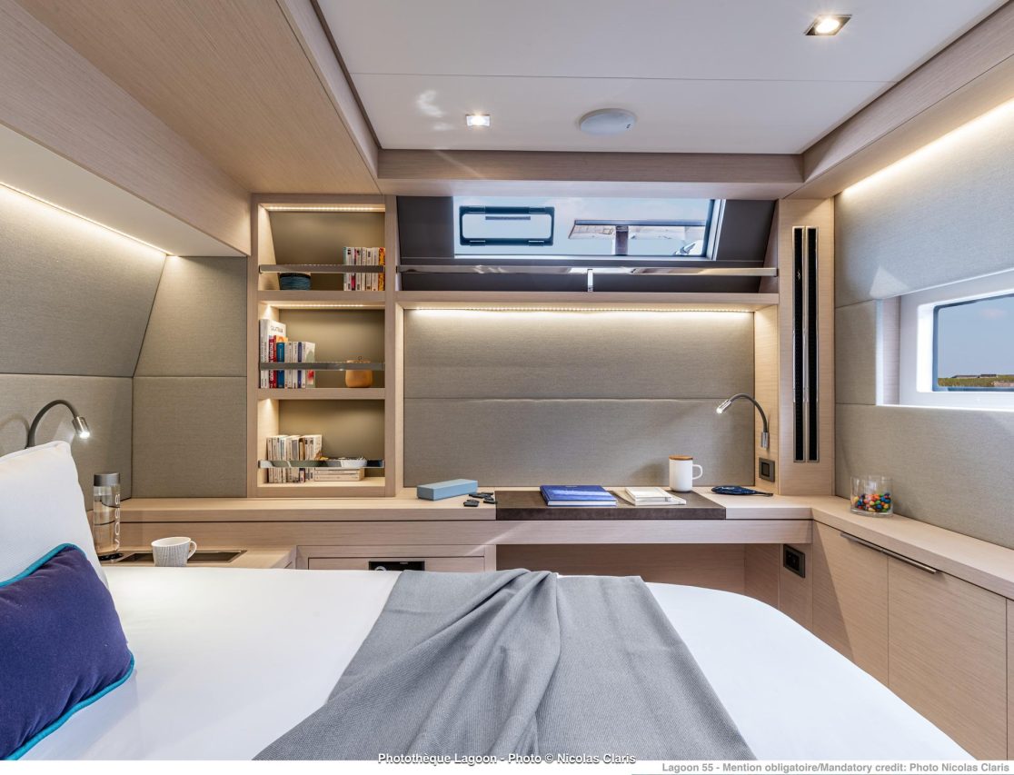 Comfortable bed of a Lagoon 55 spacious cabin