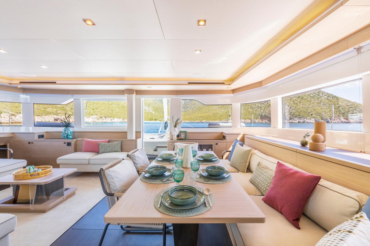 Luminous and inviting salon of the Lagoon 60 sailing catamaran