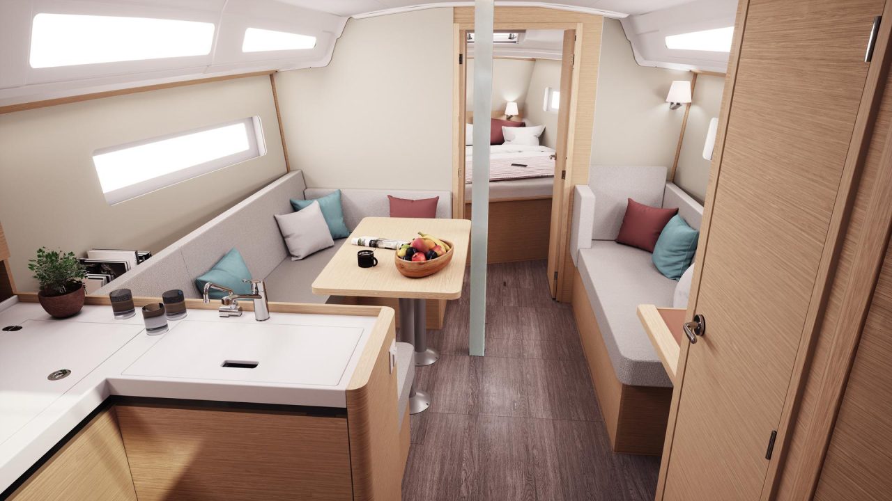 Through view of the Sun Odssey 380 interior with the salon and a cabin