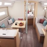Through view of the Sun Odssey 380 interior with the salon and a cabin