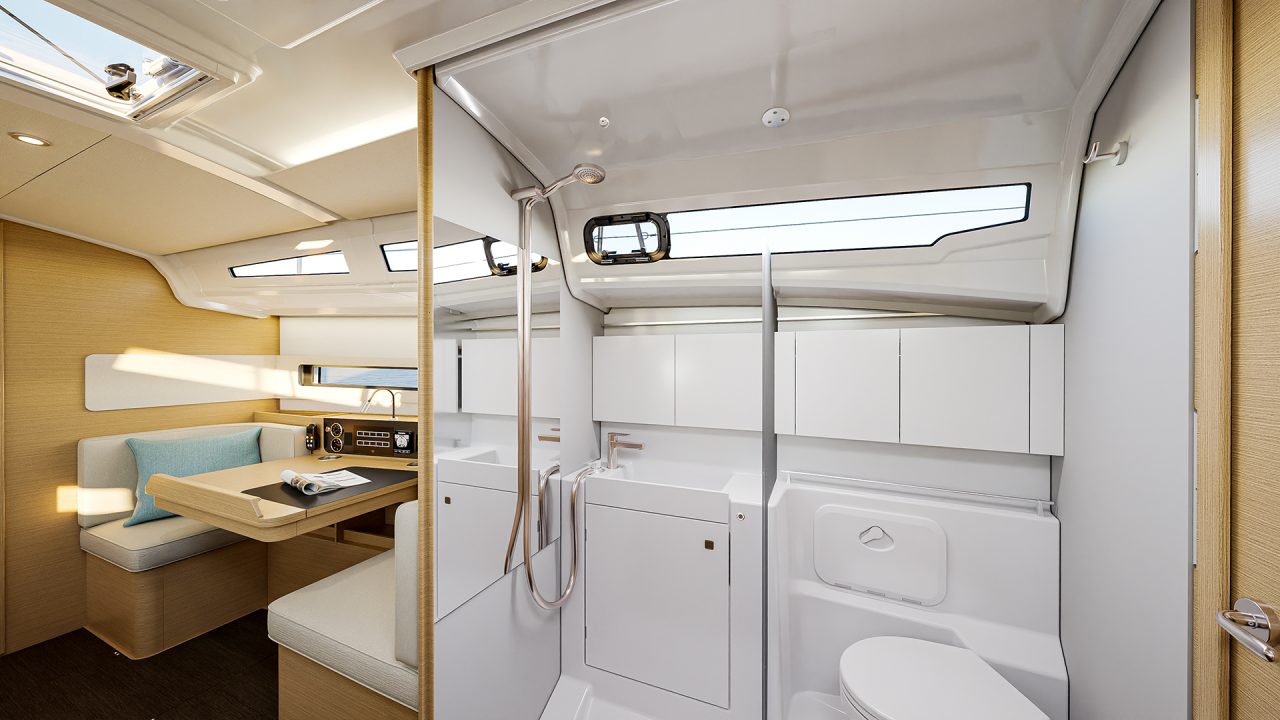 Convenient bathroom aboard the Sun Odyssey 415 sailing monohull
