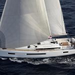 Aerial view of the Jeanneau Sun Odyssey 490 sailing with a couple at the helm