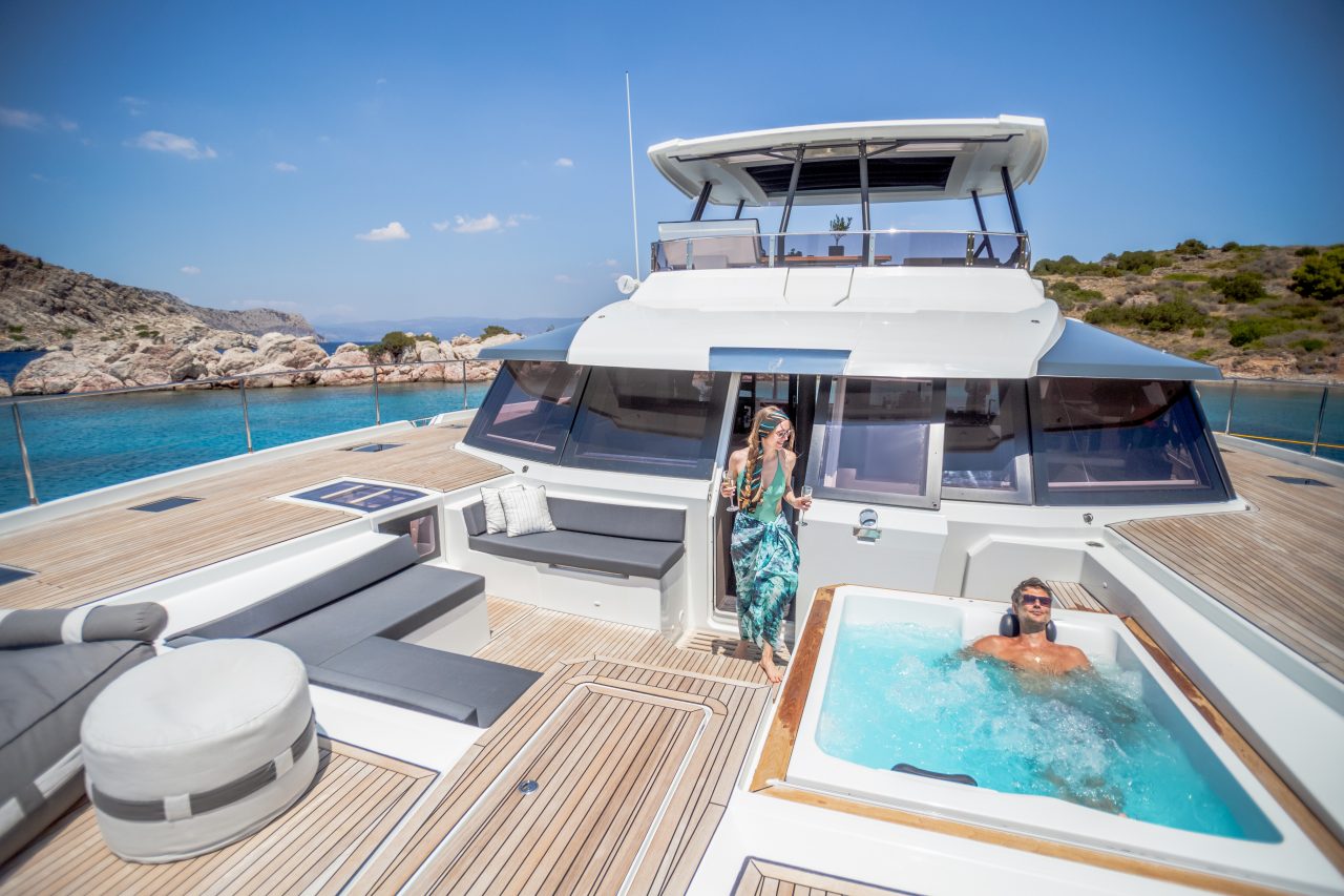 Front view of cockpit on the Fountaine Pajot Power 67 boat