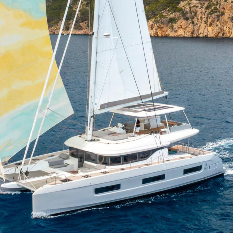 A Lagoon 60 sailing catamaran underway