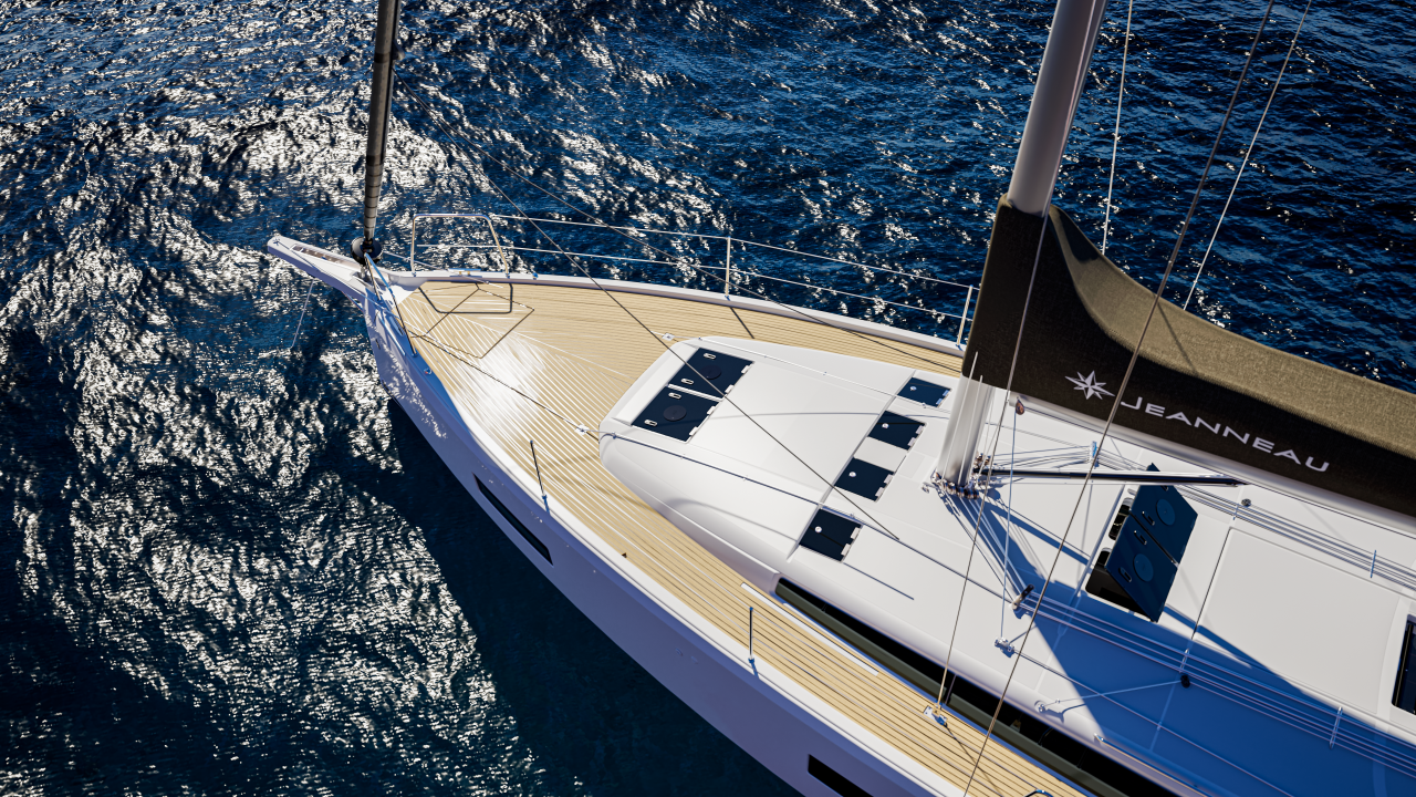 Jeanneau 455 Sun Odyssey front deck and solar panels top view